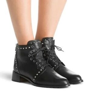 Stuart Weitzman Lashease Studded Moto Boots, Size 8